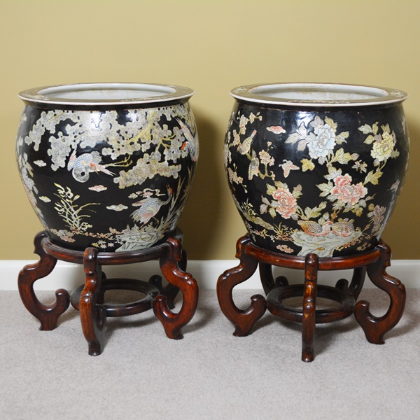 Pair of Chinese Fishbowl Jardinières on Wood Stands