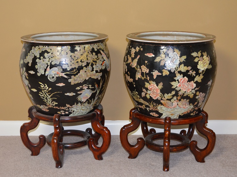 Pair of Chinese Fishbowl Jardinières on Wood Stands