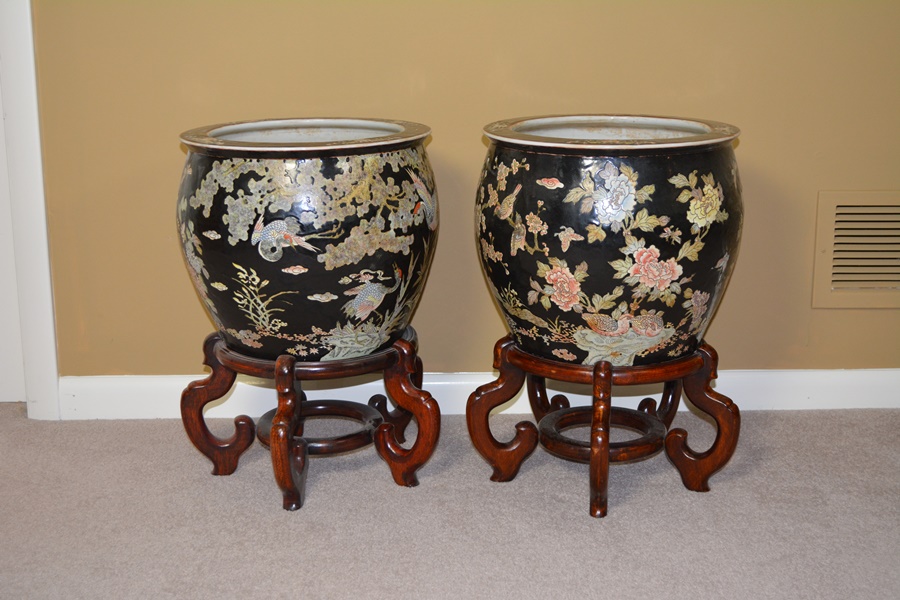 Pair of Chinese Fishbowl Jardinières on Wood Stands