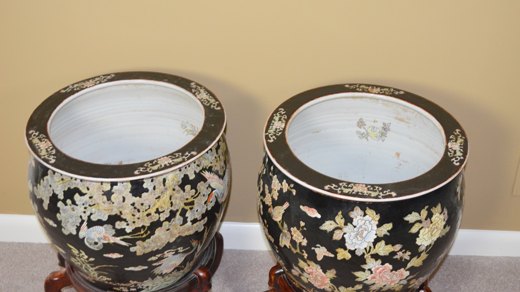 Pair of Chinese Fishbowl Jardinières on Wood Stands