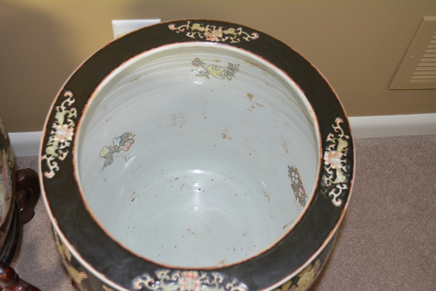 Pair of Chinese Fishbowl Jardinières on Wood Stands