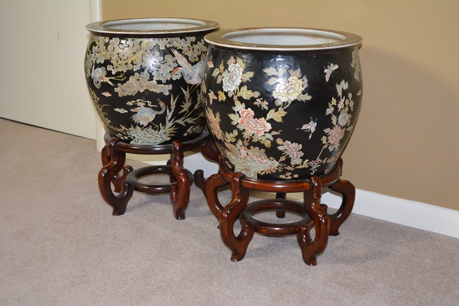 Pair of Chinese Fishbowl Jardinières on Wood Stands