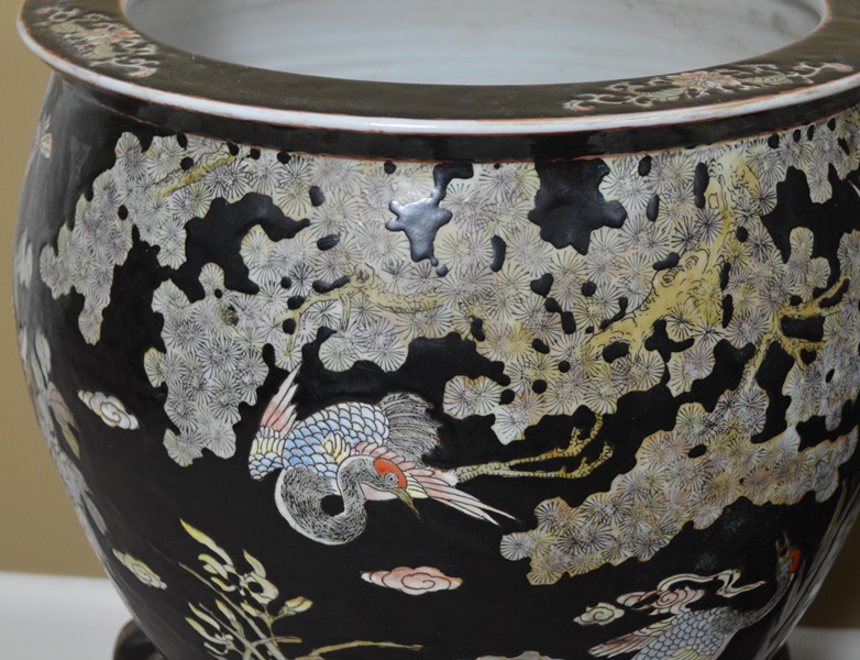 Pair of Chinese Fishbowl Jardinières on Wood Stands