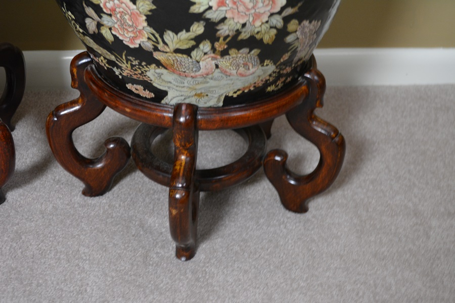 Pair of Chinese Fishbowl Jardinières on Wood Stands