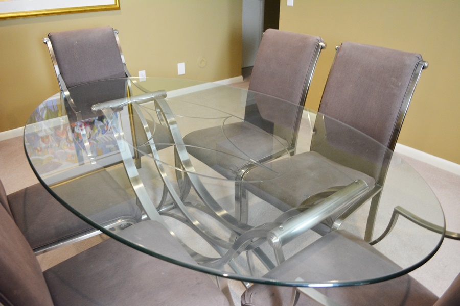 Contemporary Oval Glass and Metal Dining Table and Six Design Institute of America Chairs
