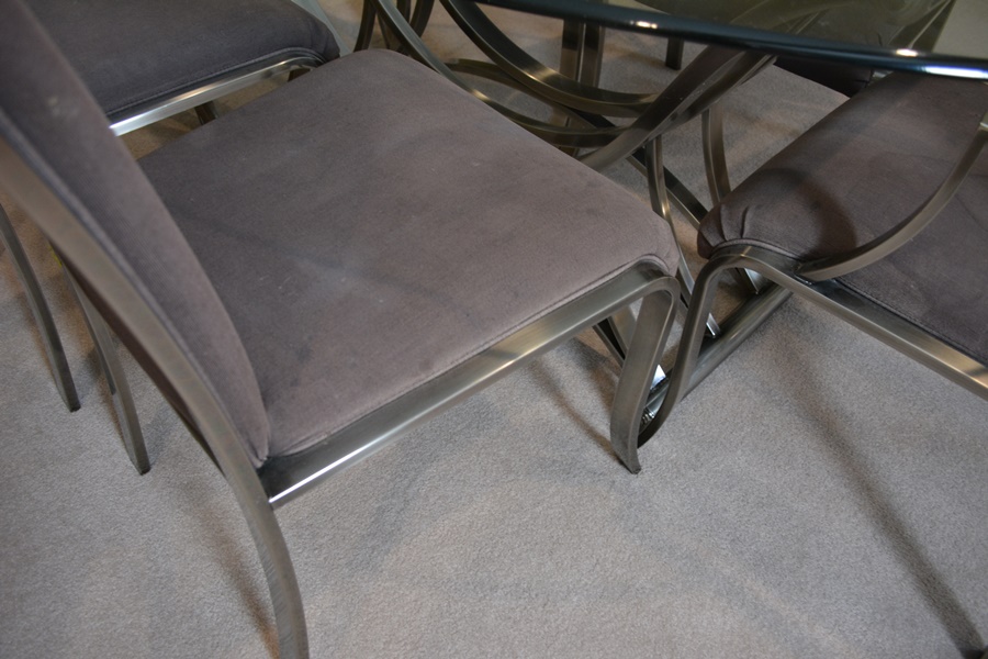 Contemporary Oval Glass and Metal Dining Table and Six Design Institute of America Chairs