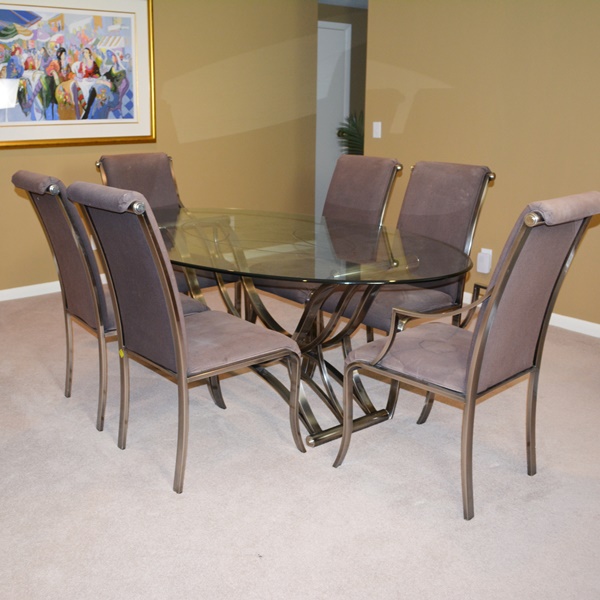 Contemporary Oval Glass and Metal Dining Table and Six Design Institute of America Chairs
