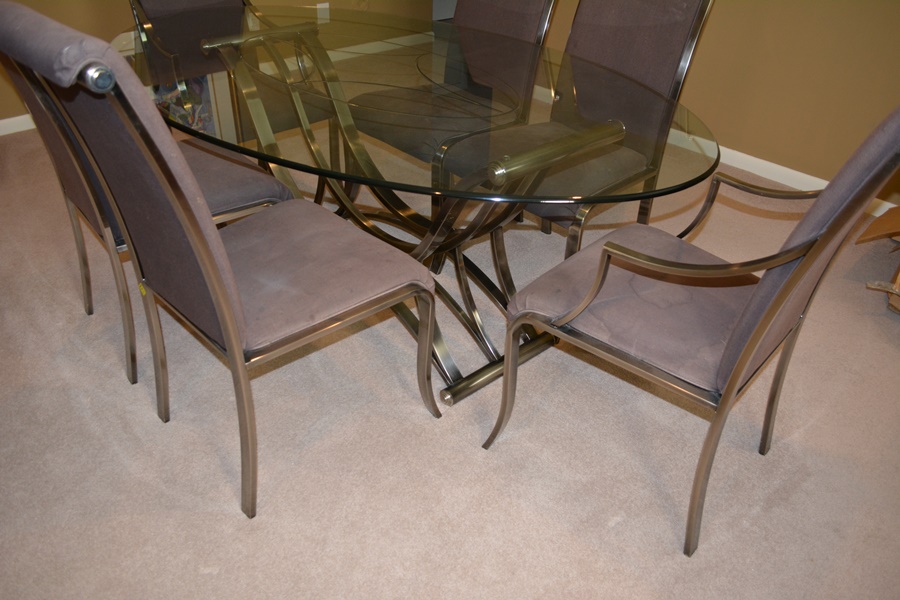 Contemporary Oval Glass and Metal Dining Table and Six Design Institute of America Chairs