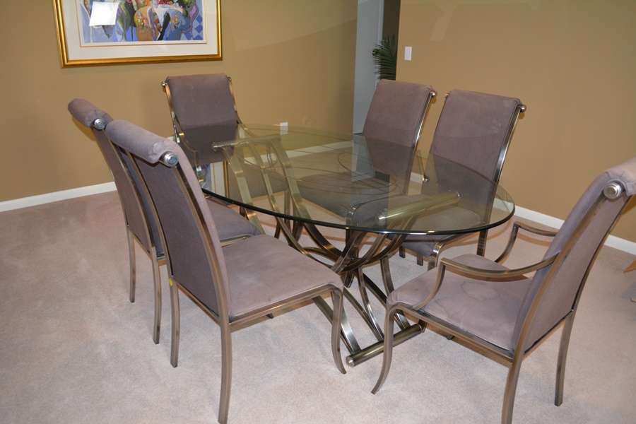 Contemporary Oval Glass and Metal Dining Table and Six Design Institute of America Chairs