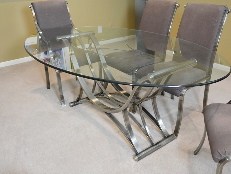 Contemporary Oval Glass and Metal Dining Table and Six Design Institute of America Chairs
