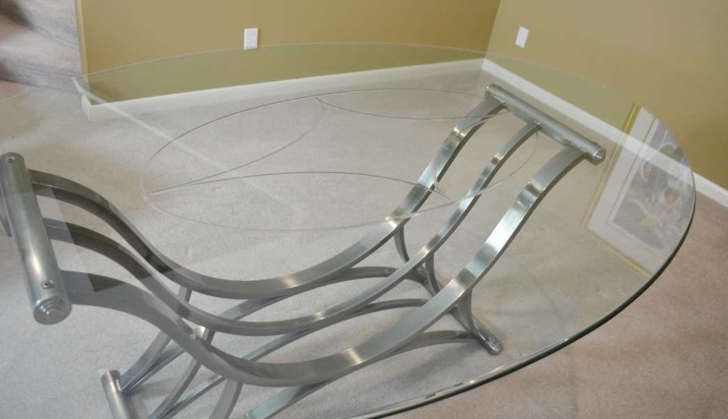 Contemporary Oval Glass and Metal Dining Table and Six Design Institute of America Chairs