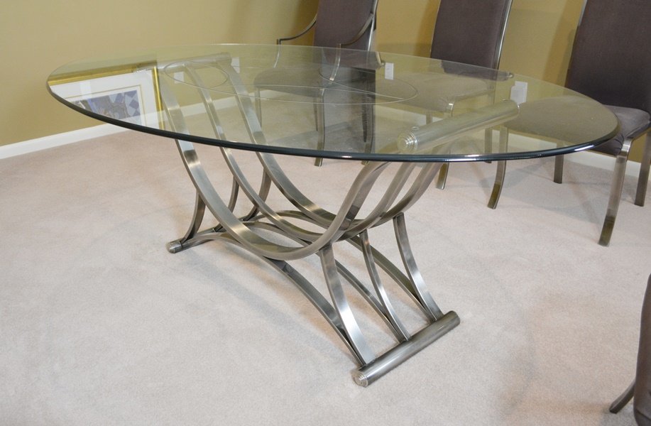 Contemporary Oval Glass and Metal Dining Table and Six Design Institute of America Chairs
