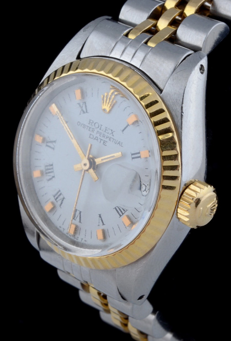 Women's Rolex Two Tone 18K Yellow Gold and Stainless Oyster Perpetual Date Watch with Modified Two Tone Link Band