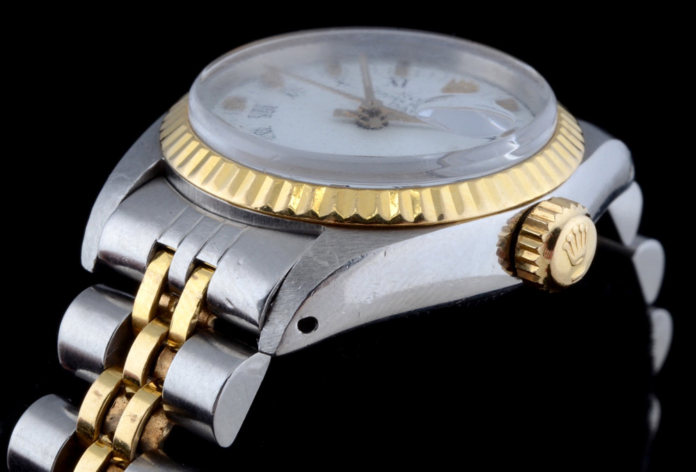 Women's Rolex Two Tone 18K Yellow Gold and Stainless Oyster Perpetual Date Watch with Modified Two Tone Link Band