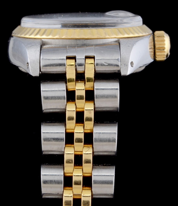 Women's Rolex Two Tone 18K Yellow Gold and Stainless Oyster Perpetual Date Watch with Modified Two Tone Link Band