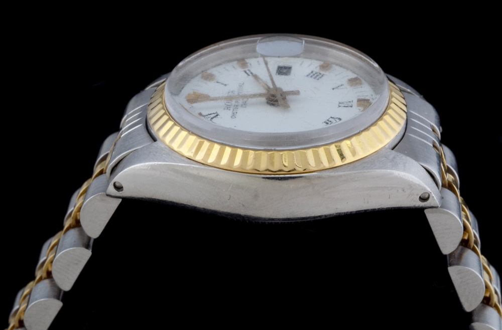 Women's Rolex Two Tone 18K Yellow Gold and Stainless Oyster Perpetual Date Watch with Modified Two Tone Link Band