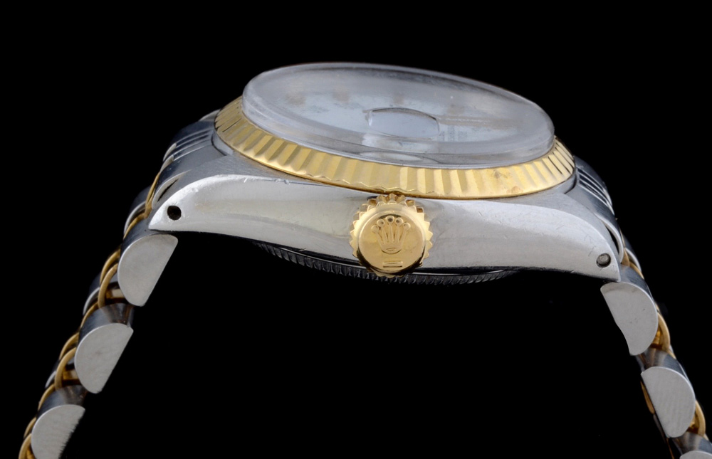 Women's Rolex Two Tone 18K Yellow Gold and Stainless Oyster Perpetual Date Watch with Modified Two Tone Link Band