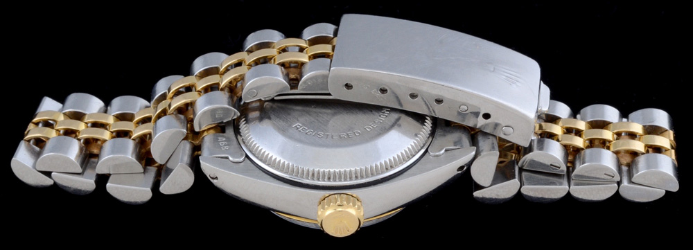 Women's Rolex Two Tone 18K Yellow Gold and Stainless Oyster Perpetual Date Watch with Modified Two Tone Link Band