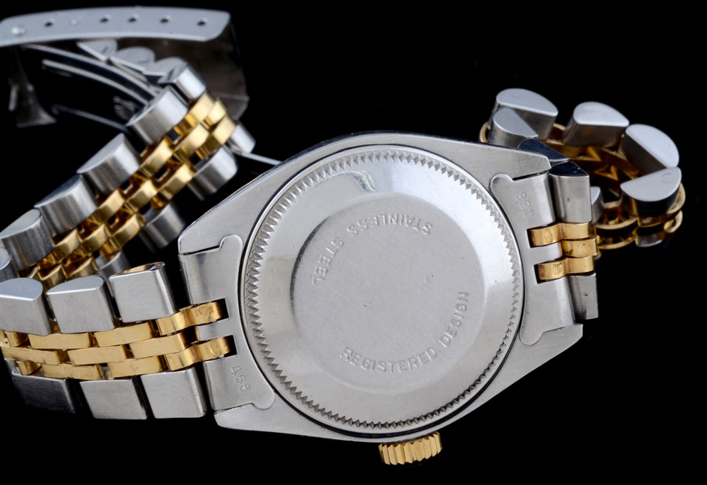 Women's Rolex Two Tone 18K Yellow Gold and Stainless Oyster Perpetual Date Watch with Modified Two Tone Link Band