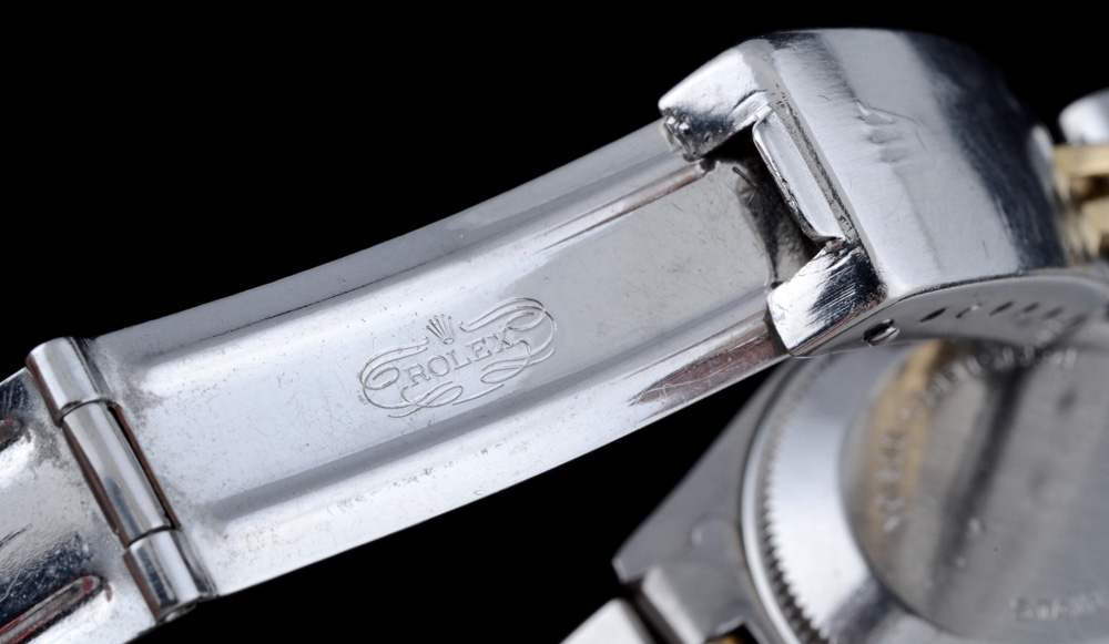 Women's Rolex Two Tone 18K Yellow Gold and Stainless Oyster Perpetual Date Watch with Modified Two Tone Link Band