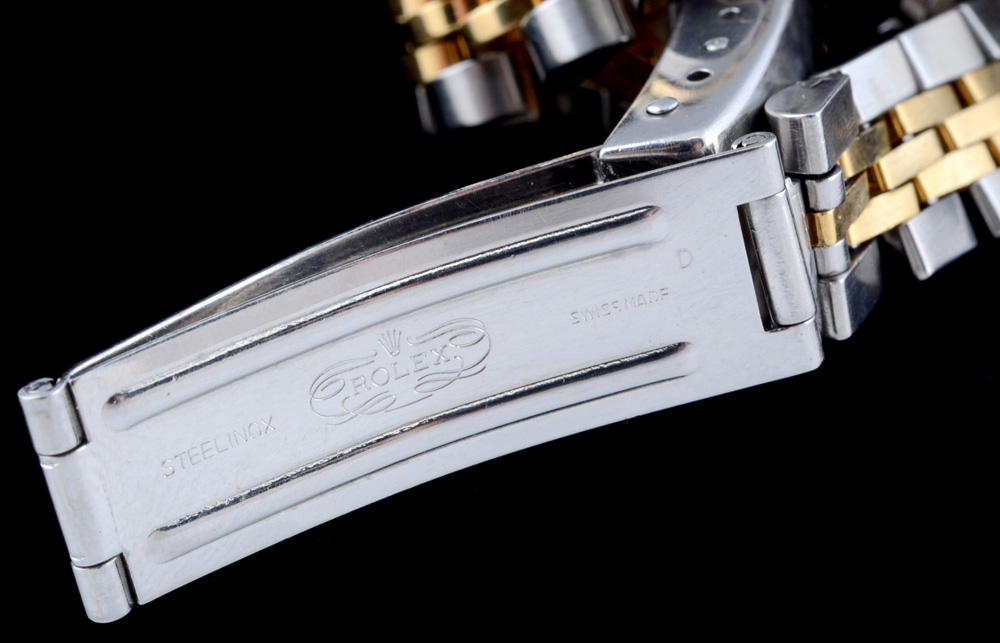 Women's Rolex Two Tone 18K Yellow Gold and Stainless Oyster Perpetual Date Watch with Modified Two Tone Link Band