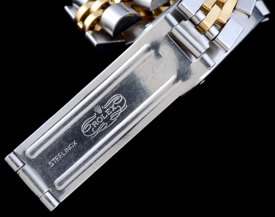 Women's Rolex Two Tone 18K Yellow Gold and Stainless Oyster Perpetual Date Watch with Modified Two Tone Link Band