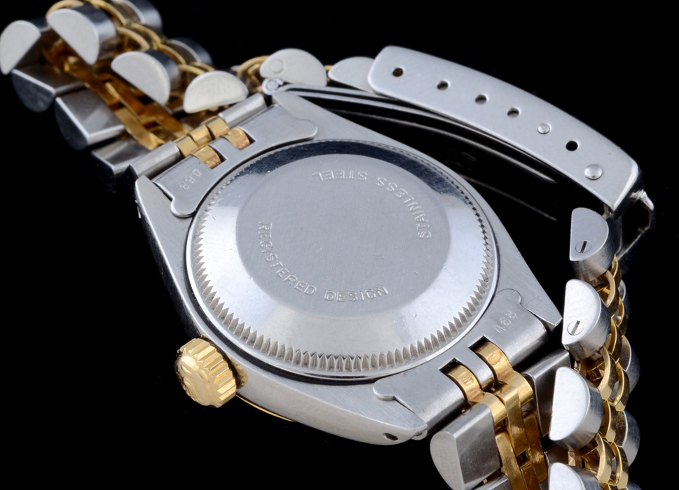 Women's Rolex Two Tone 18K Yellow Gold and Stainless Oyster Perpetual Date Watch with Modified Two Tone Link Band