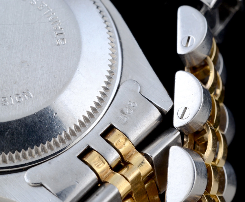 Women's Rolex Two Tone 18K Yellow Gold and Stainless Oyster Perpetual Date Watch with Modified Two Tone Link Band