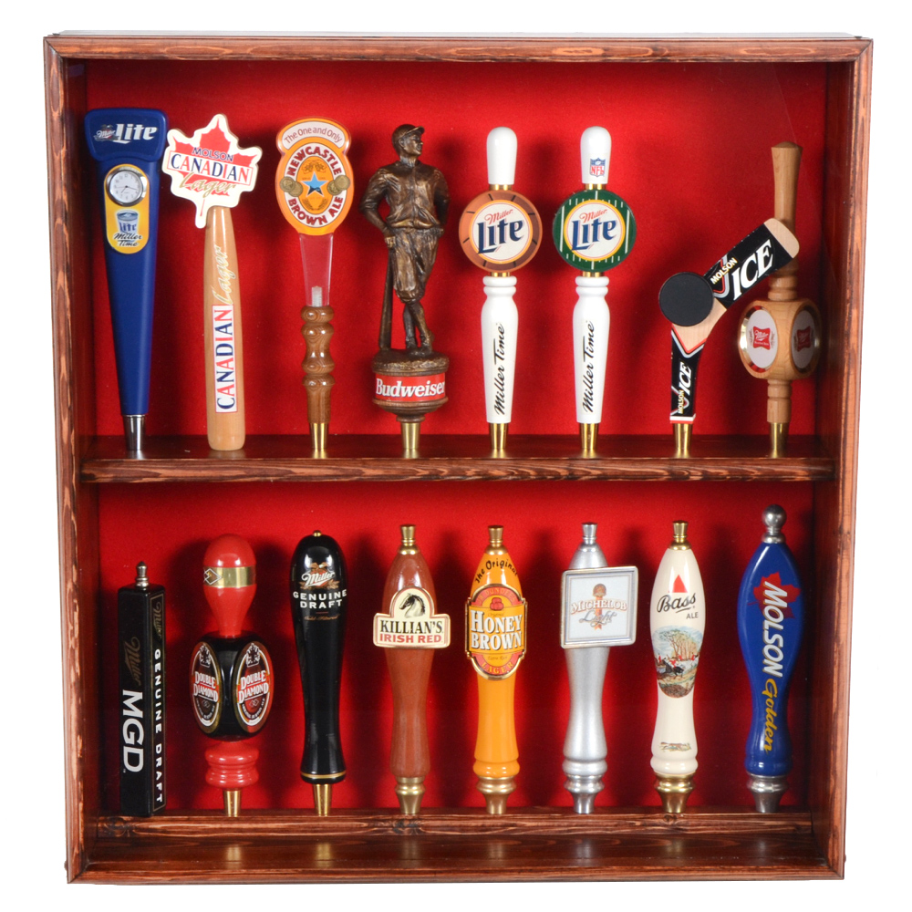Collection of Bar Tap Handles in Display Case