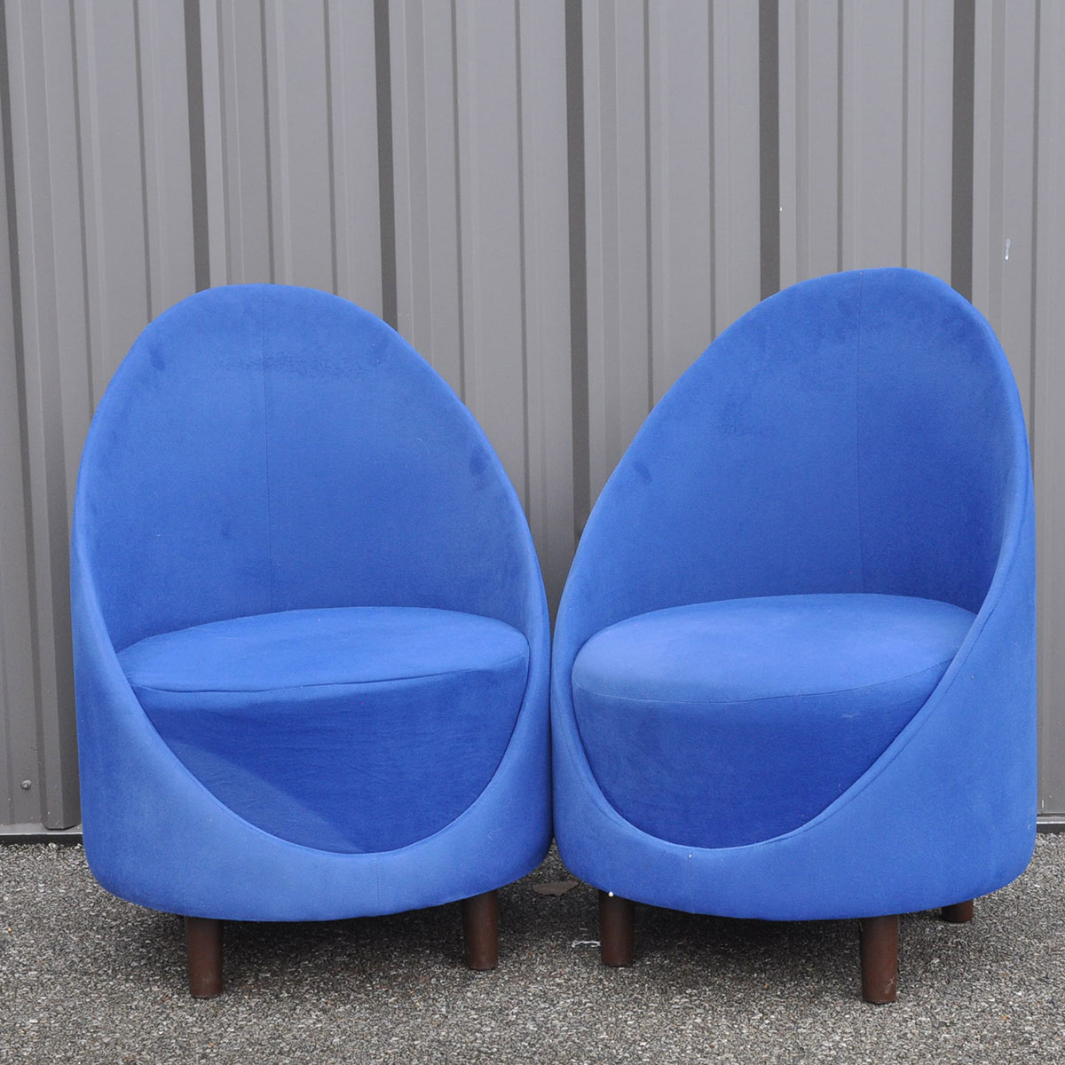 Pair of Mod Barrel Chairs in Blue Microsuede Upholstery