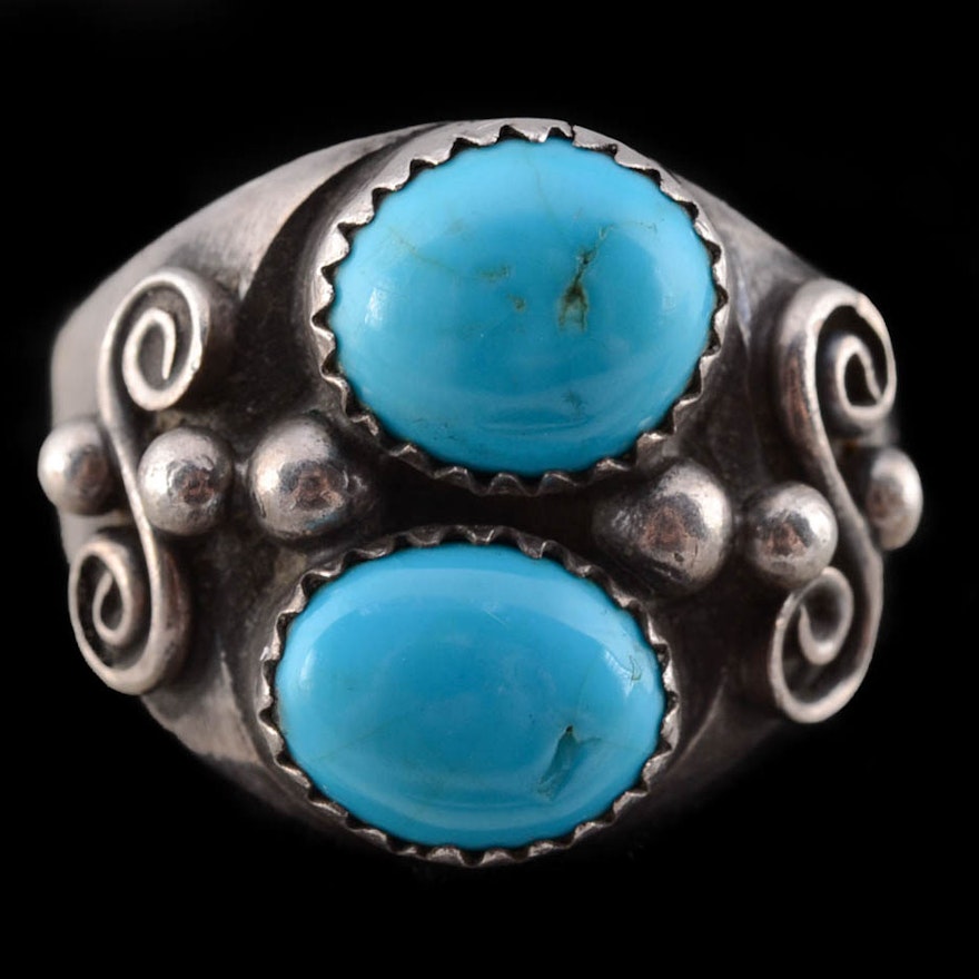 Keith James Signed Native American Navajo Silver and Turquoise Ring