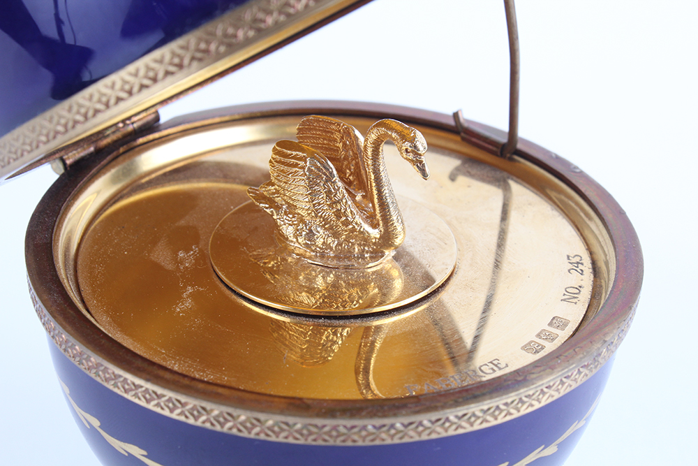 Fabergé Limoges and Sterling Silver Swan Egg Music Box