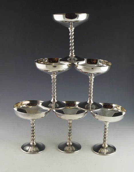 Six Cortaga Silver Plated Grape Cluster Stem Champagne Glasses