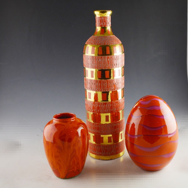 Orange Glazed Pottery Bottle, Ovoid Shaped Bank and Vase