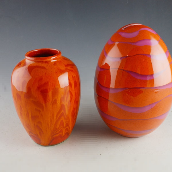 Orange Glazed Pottery Bottle, Ovoid Shaped Bank and Vase
