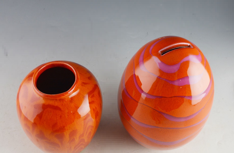 Orange Glazed Pottery Bottle, Ovoid Shaped Bank and Vase