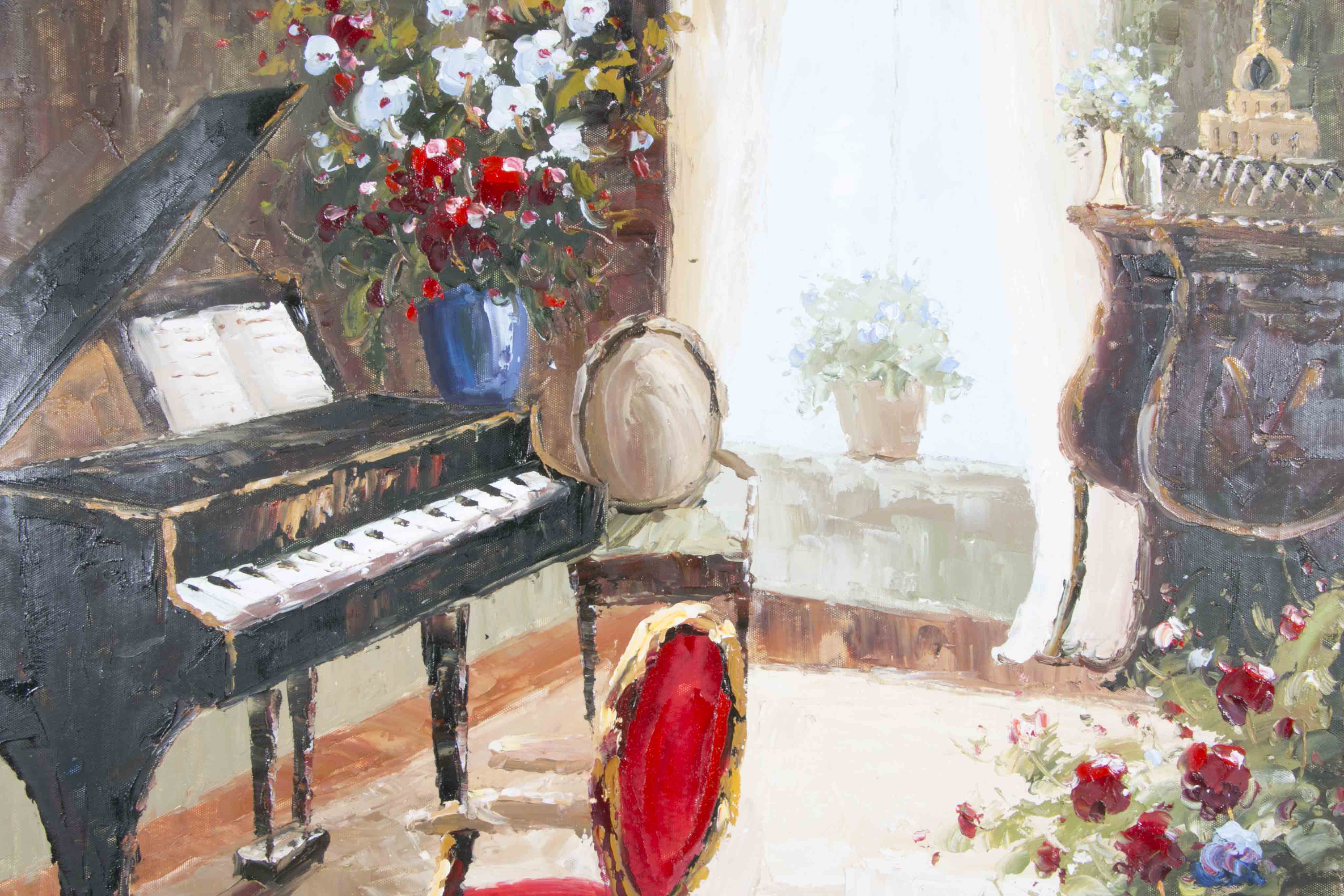 Original Oil Painting of Interior Scene with Piano