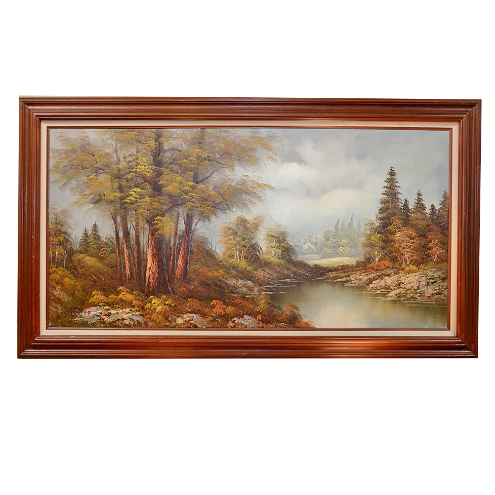 Large Framed and Signed Landscape Oil Painted by Beaker
