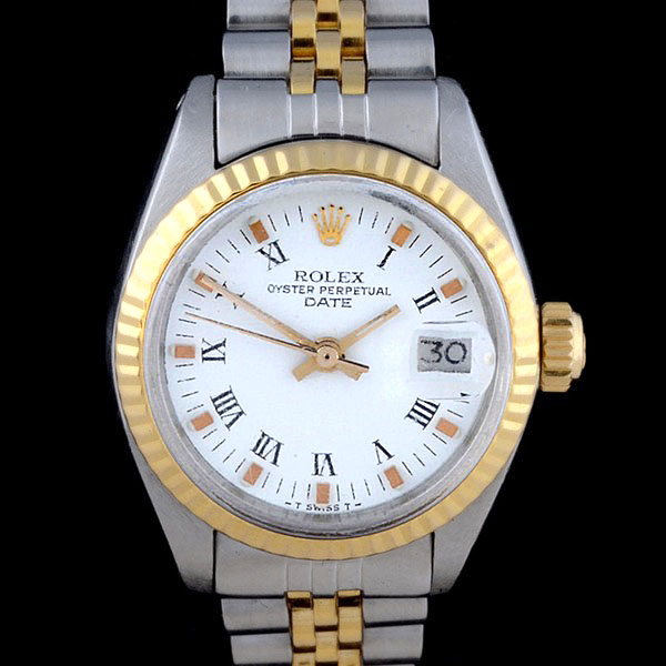 Women's Rolex Two Tone 18K Yellow Gold and Stainless Oyster Perpetual Date Watch with Modified Two Tone Link Band