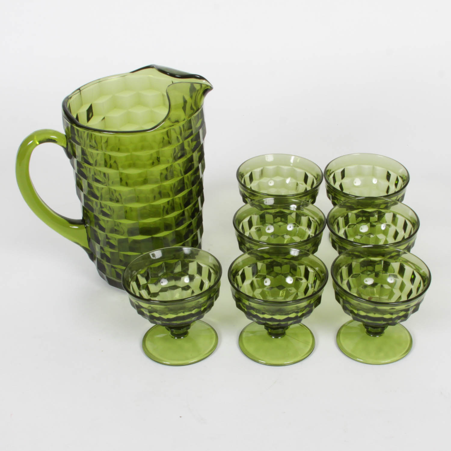 Green Whitehall Glass Pitcher and Glasses