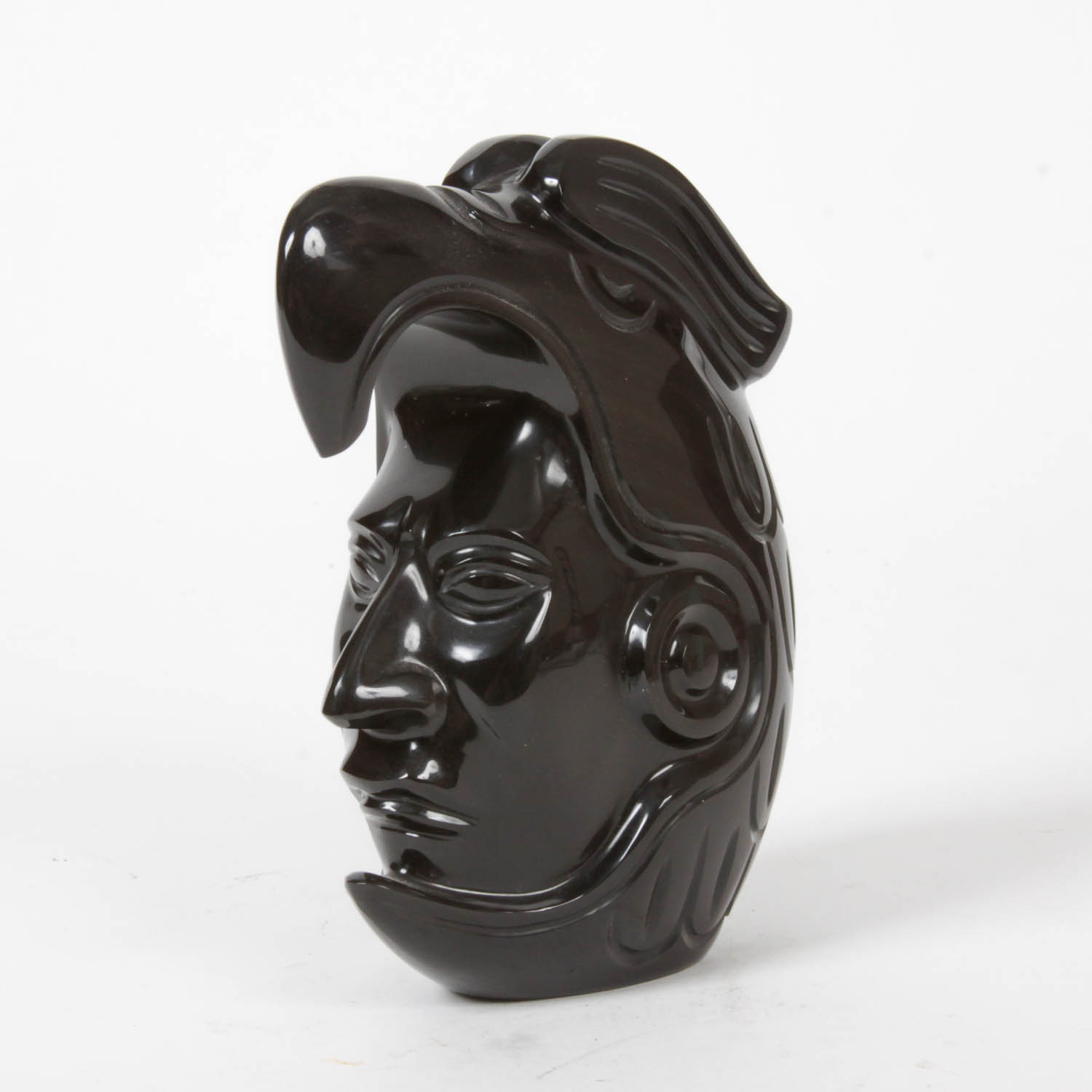 Obsidian Bookend of Man Wearing Ceremonial Head Dress