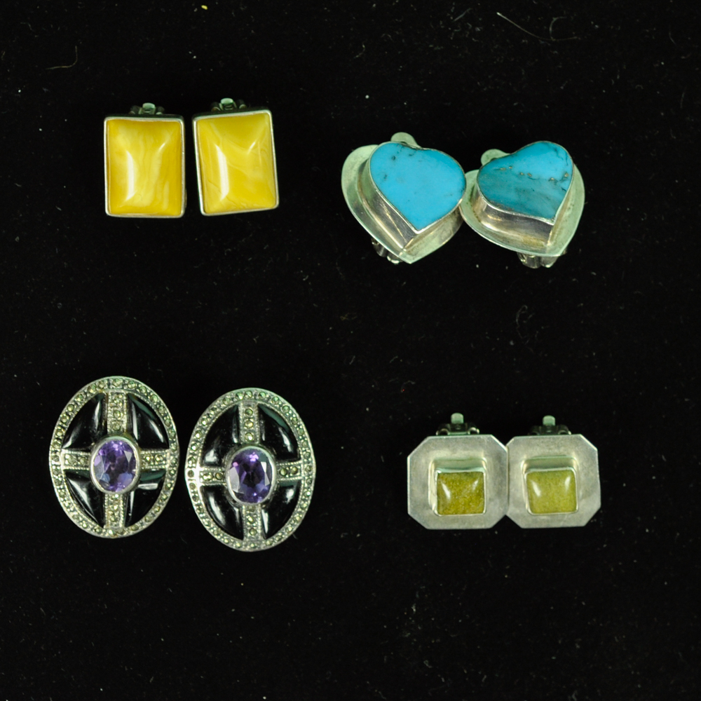 Vintage Sterling and Semi-Precious Stone Clip-On Earrings