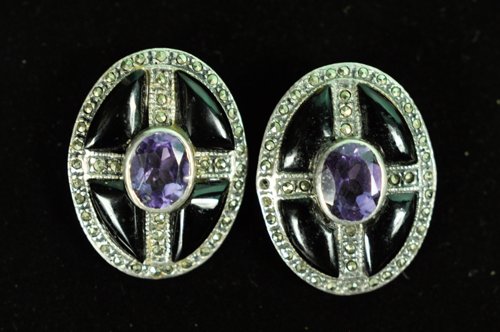 Vintage Sterling and Semi-Precious Stone Clip-On Earrings
