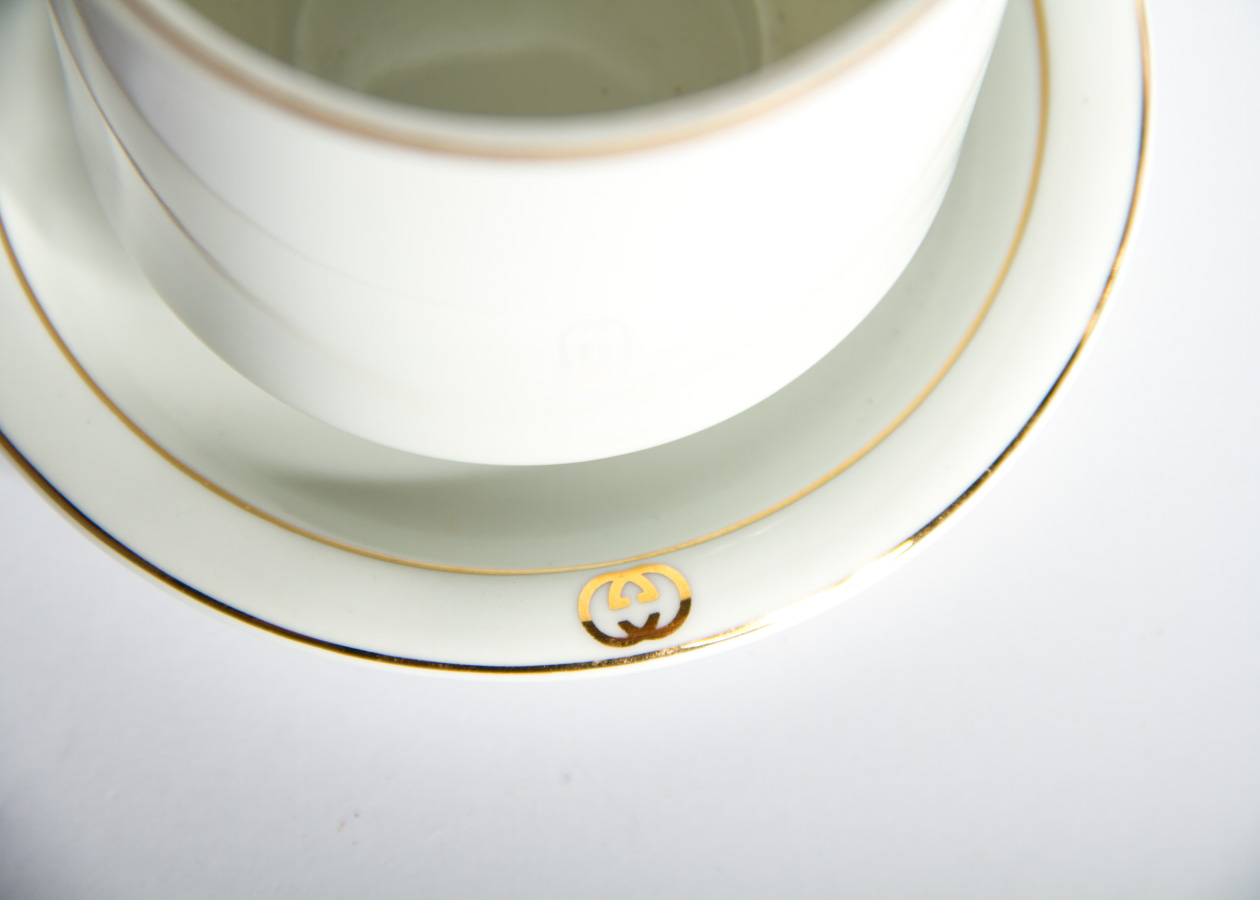 Vintage Gucci Porcelain Gold Rimmed Teacup and Saucer Set