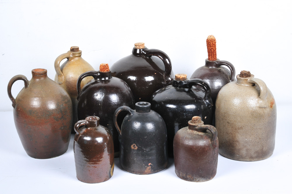 Assortment of Antique Stoneware Whiskey Jugs