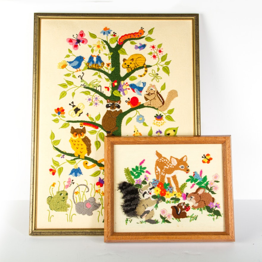 1970’s Novelty Forest Animals Framed Needlepoints