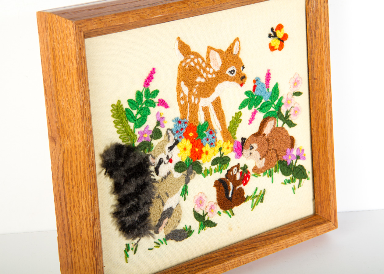 1970’s Novelty Forest Animals Framed Needlepoints
