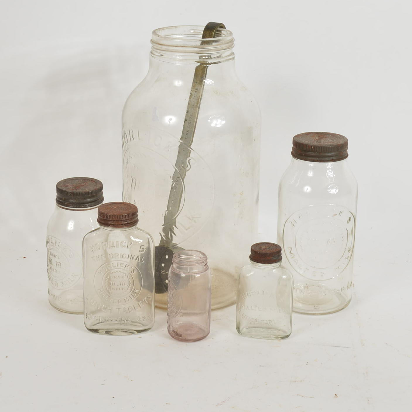 Vintage Horlick's Malted Milk Glass Jars and Metal Measuring Scoop