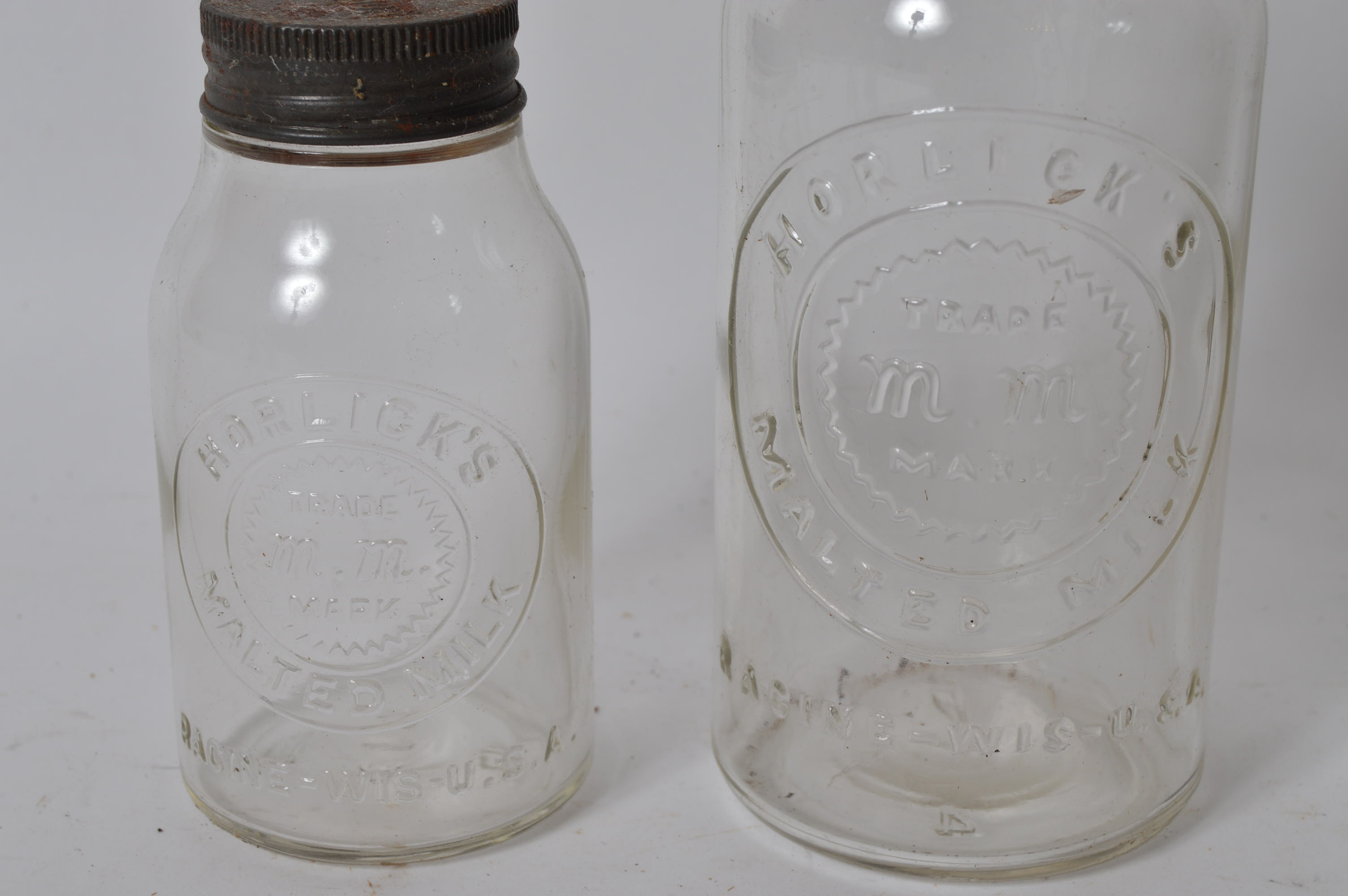 Vintage Horlick's Malted Milk Glass Jars and Metal Measuring Scoop