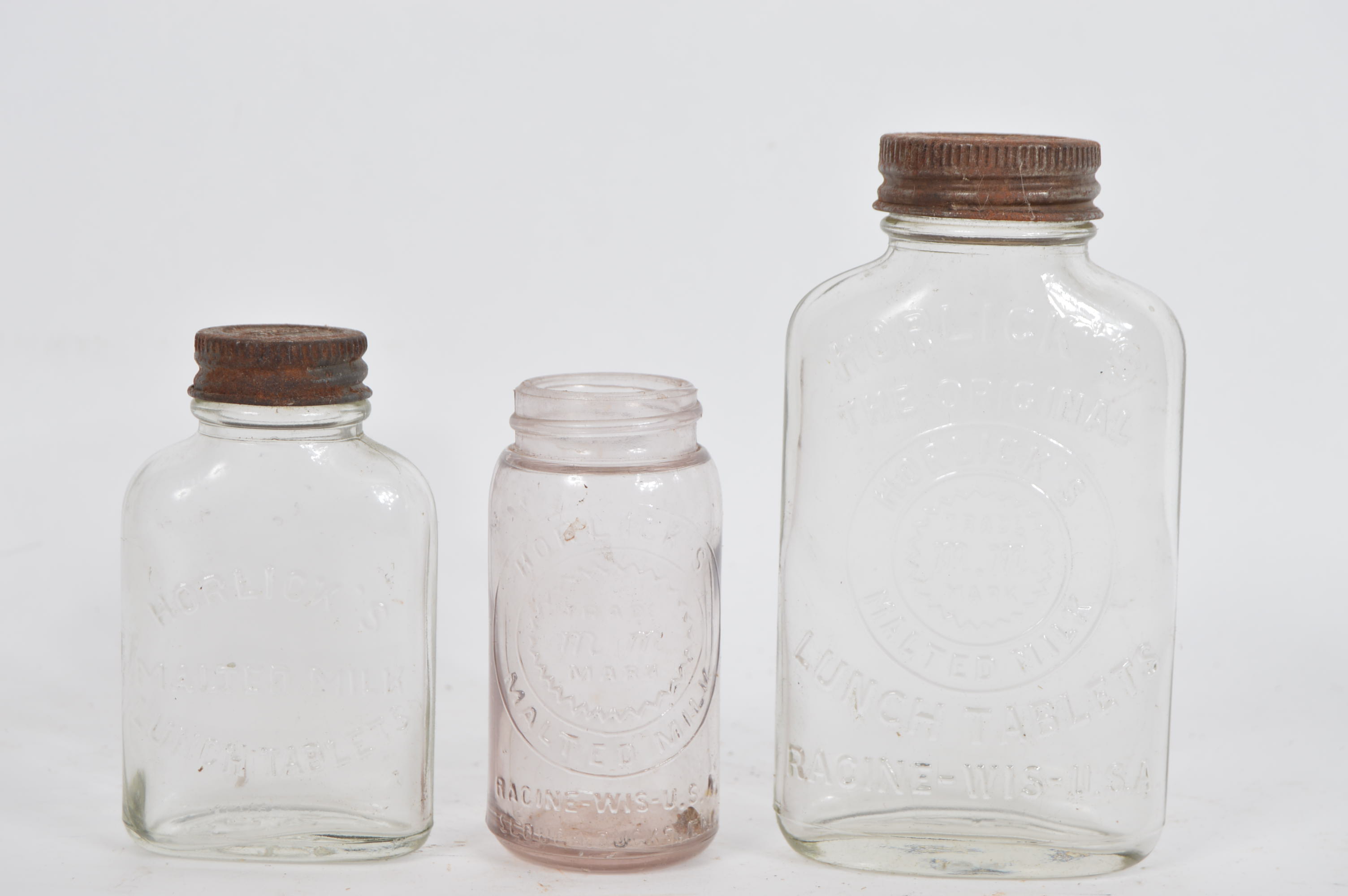 Vintage Horlick's Malted Milk Glass Jars and Metal Measuring Scoop
